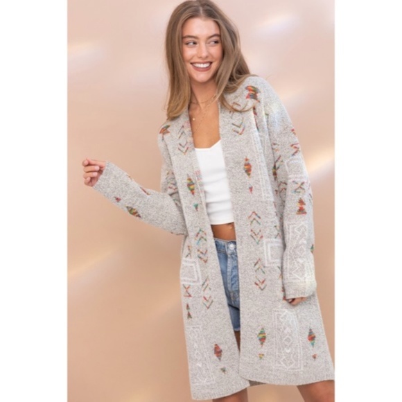 SOLD OUT Gray Colorful Aztec Tribal Western Marled Open Knit Cardigan Long - Picture 6 of 9